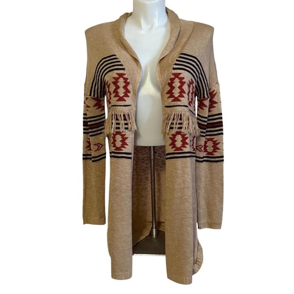 Maurices Womens Southwestern Fringe Open Front Duster Cardigan Sweater M Medium